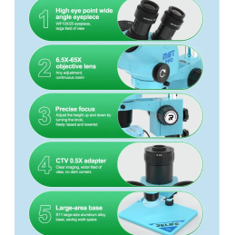 RELIFE RL-M6T Pro B11 – Trinokulares HD Stereo-Mikroskop 6,5X–65X Zoom mit LED-Ringlicht für Handy-Reparatur